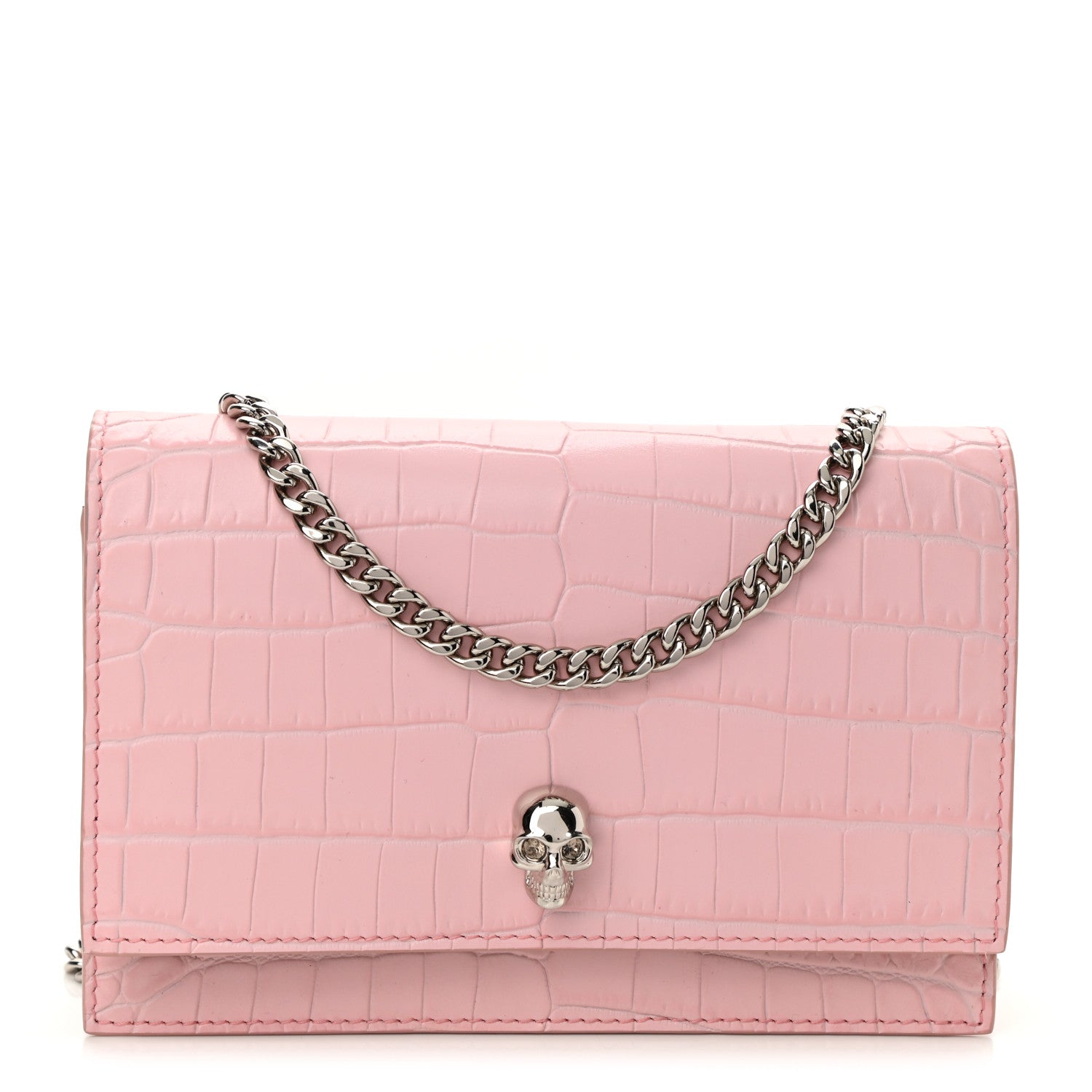 Alexander McQueen Calfskin Crocodile Embossed Skull Mini Crossbody Bag Pink 1 of 6