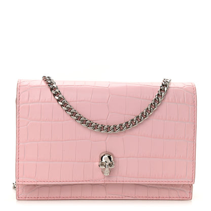 Alexander McQueen Calfskin Crocodile Embossed Skull Mini Crossbody Bag Pink 1 of 6