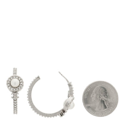 Chanel Crystal Pearl CC Hoop Earrings Silver 2 of 5