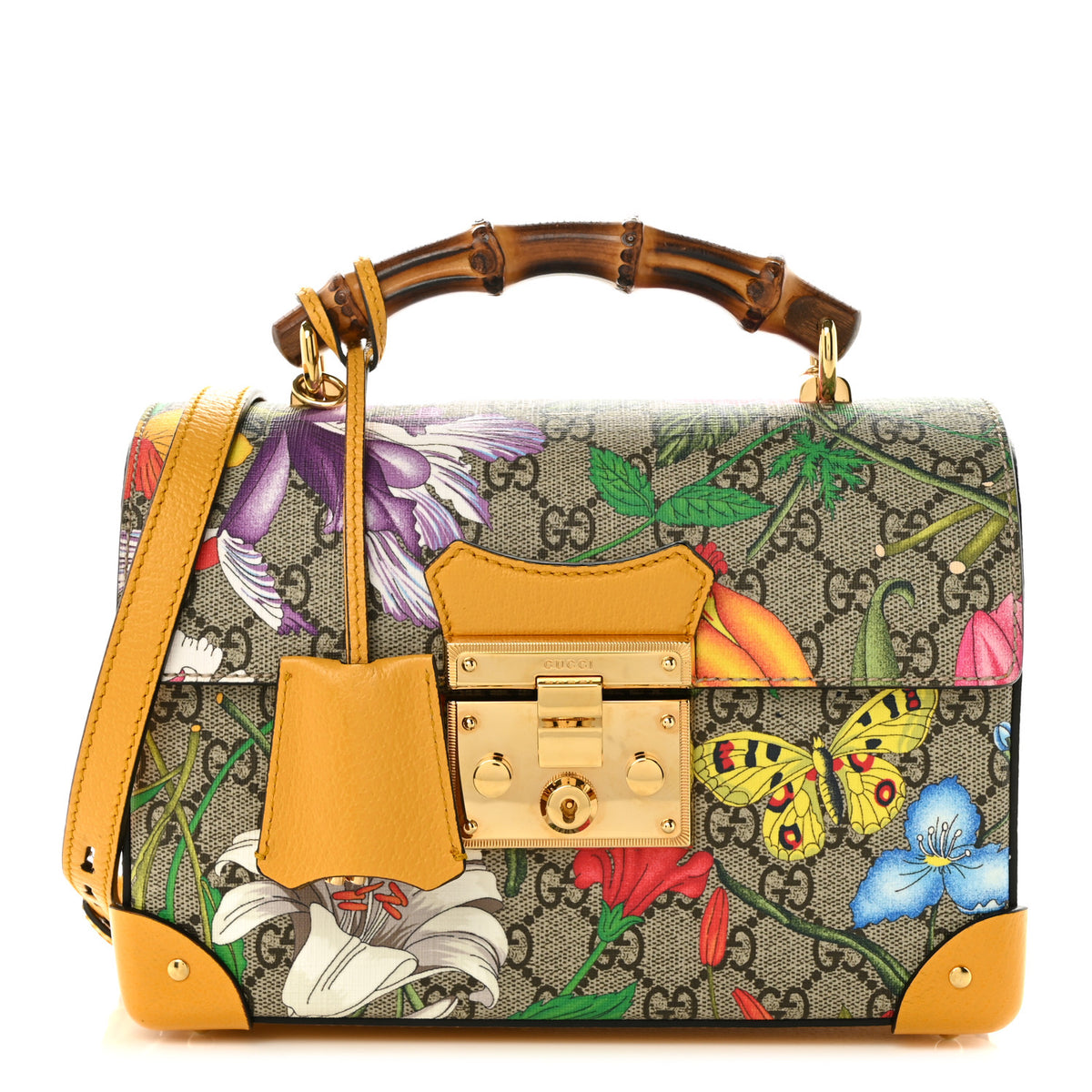 GG Supreme Monogram Flora Small Padlock Bamboo Shoulder Bag Beige Multicolor Crop