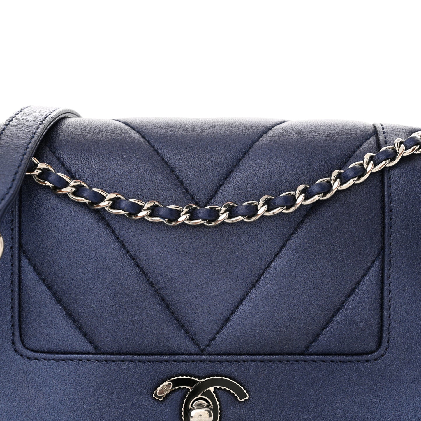Metallic Sheepskin Chevron Quilted Medium Vintage Mademoiselle Flap Navy