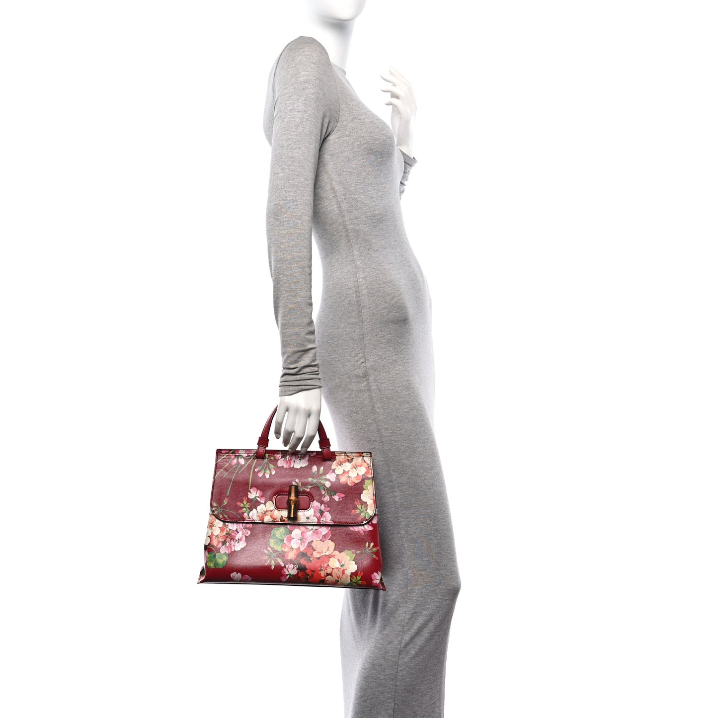 Shangai Calfskin Blooms Print Medium Bamboo Daily Top Handle Bag Romantic Cerise Multicolor