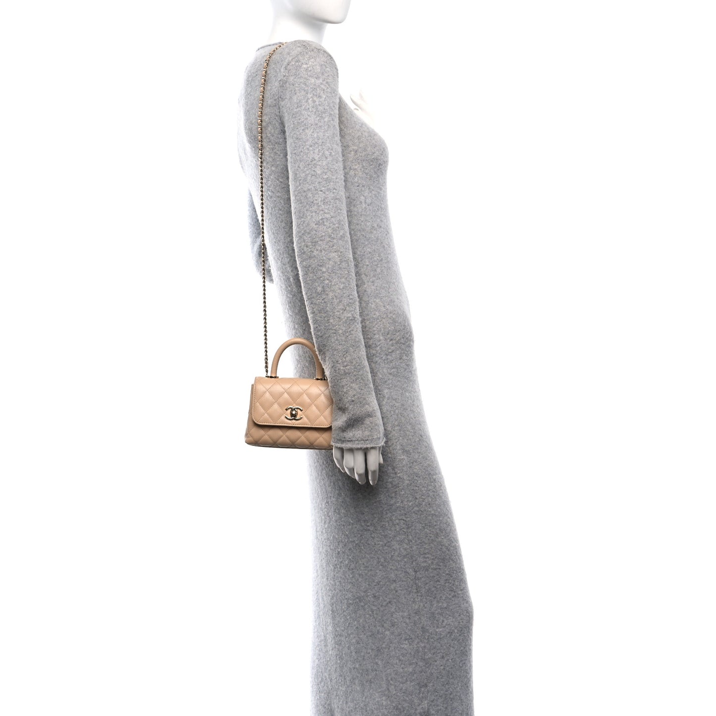 Caviar Quilted Coco Handle Clutch With Chain Beige