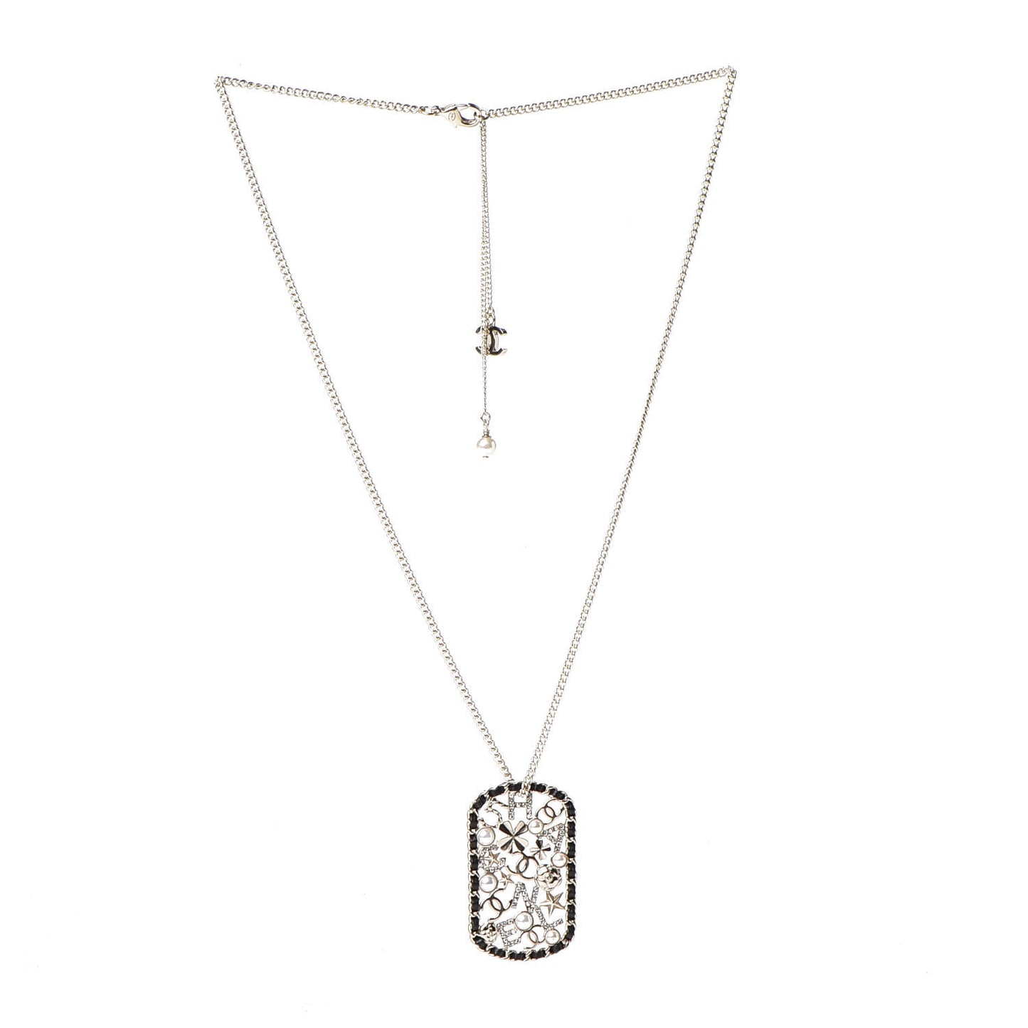 Lambskin Pearl Strass Sergeant Chain Dog Tag Charm Necklace Gold