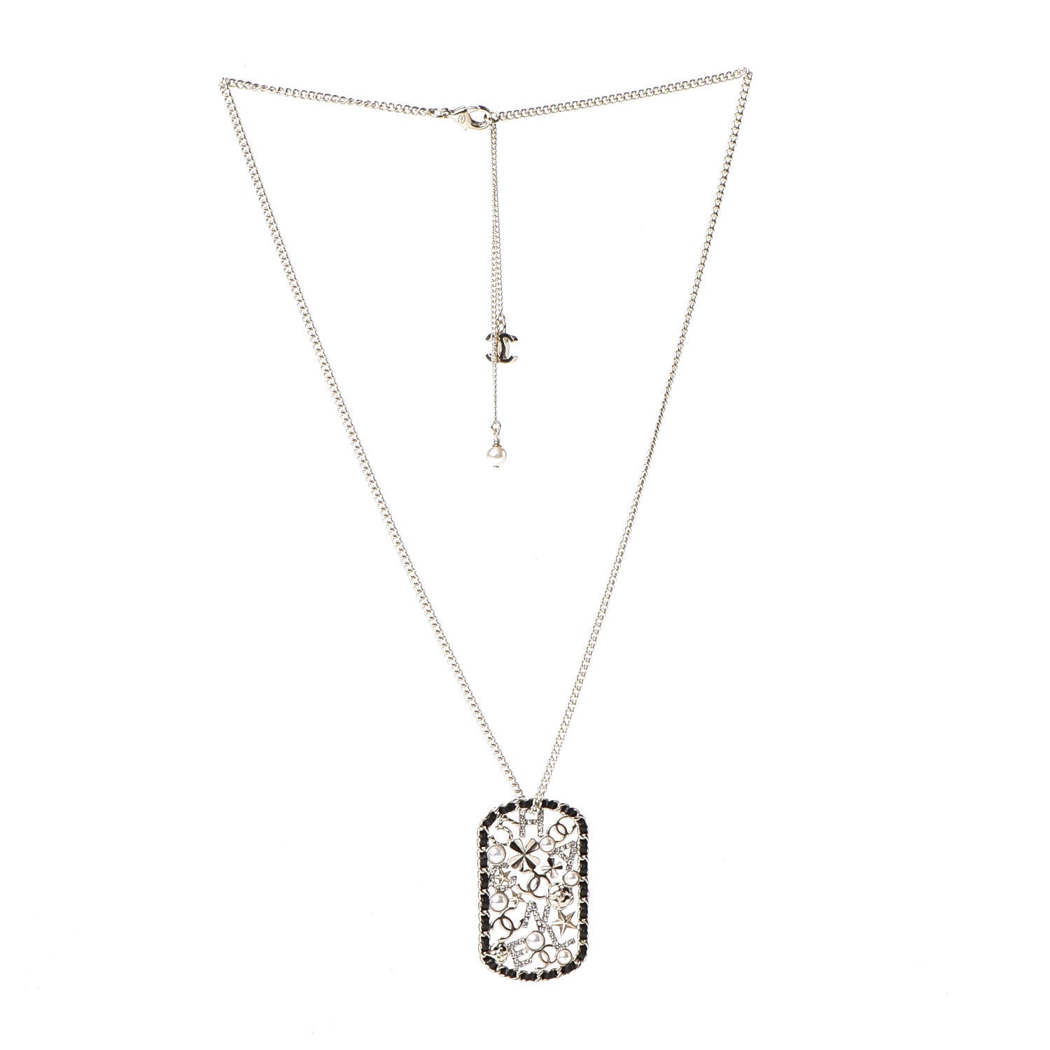 Chanel Lambskin Pearl Strass Sergeant Chain Dog Tag Charm Necklace Gold 2 of 4