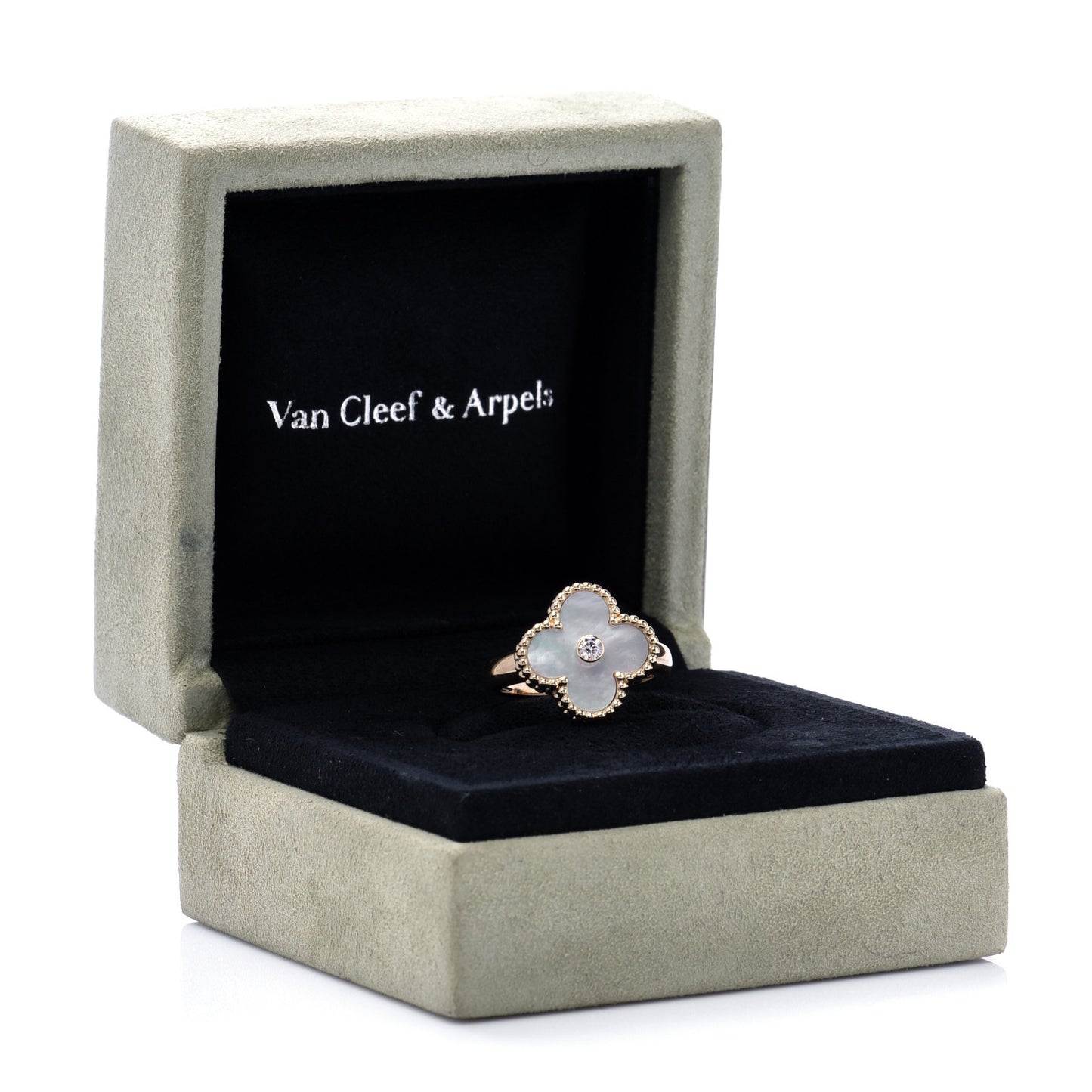 18K Yellow Gold Diamond Mother of Pearl Vintage Alhambra Ring 51 5.75