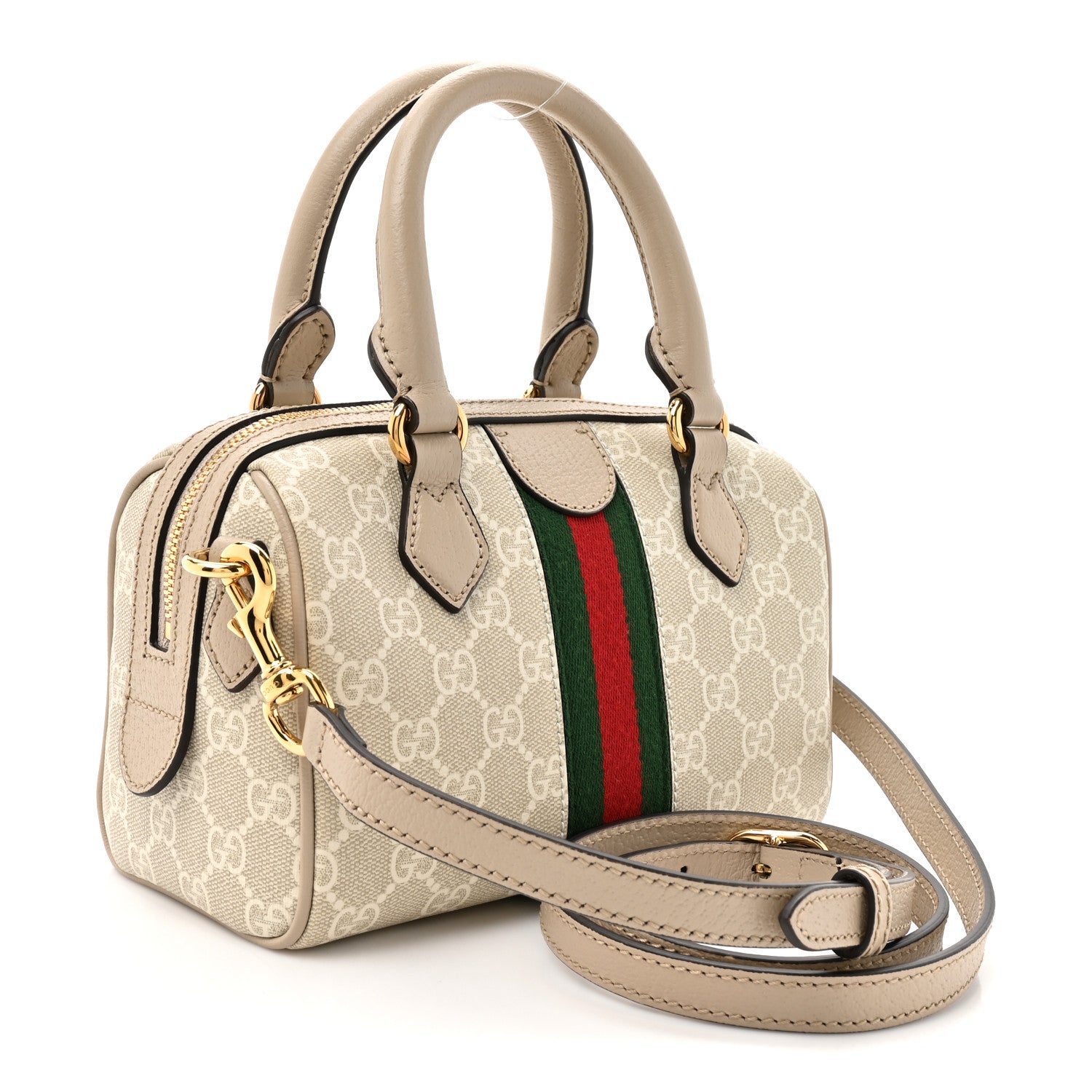 Gucci GG Supreme Monogram Textured Dollar Calfskin Web Ophidia Mini Top Handle Bag Beige Mystic White Oatmeal 3 of 10