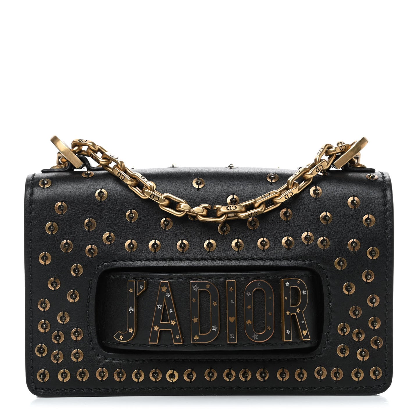 Calfskin Studded Mini J'Adior Chain Flap Bag Black
