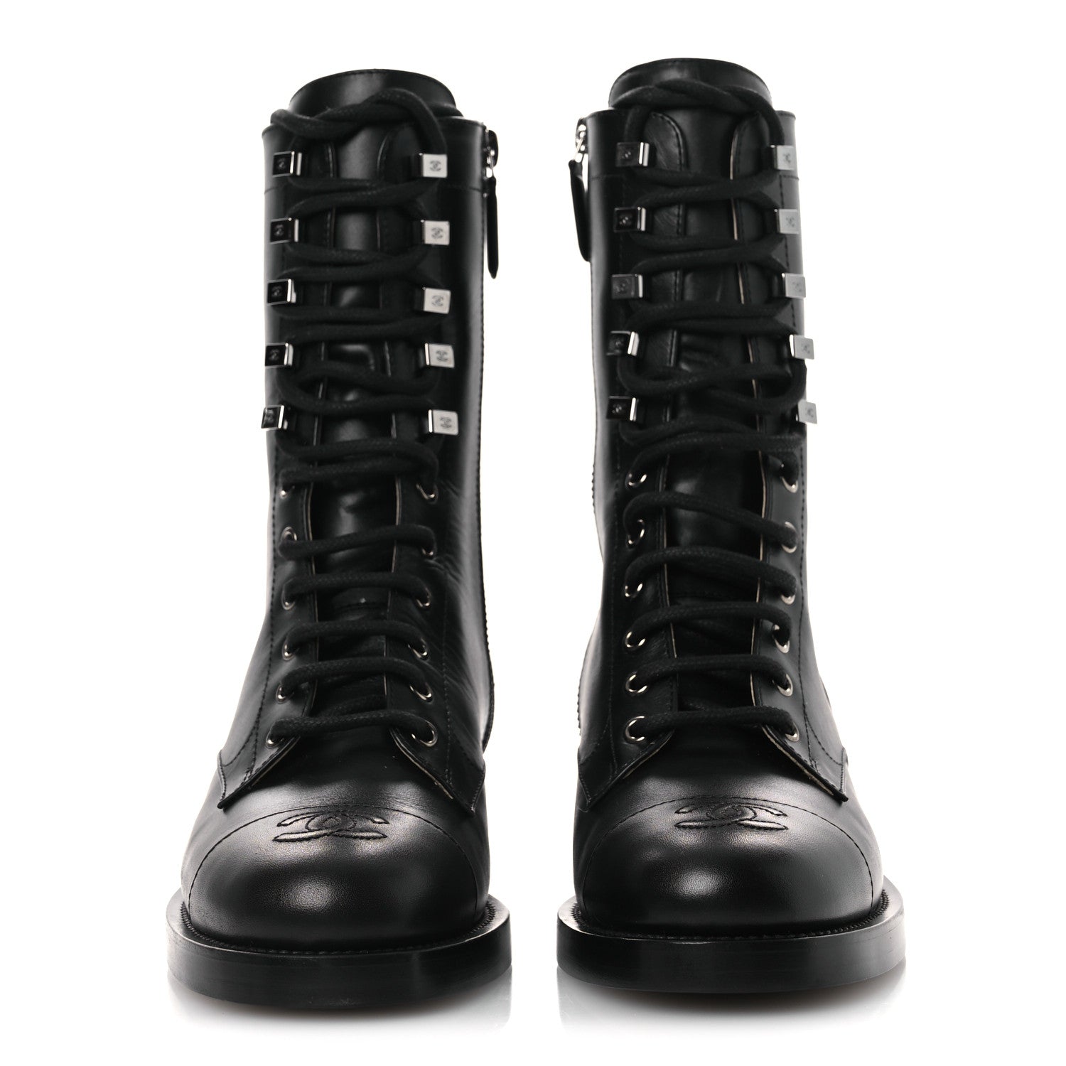 Cap Calfskin Chanel 37.5 ブーツ CHANEL Toe 1821129 Black 37.5 Boots Combat Up Lace 靴
