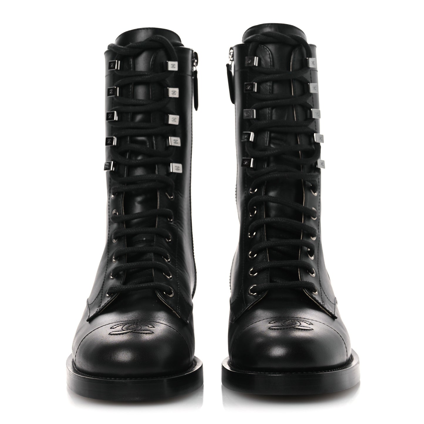 Calfskin Cap Toe Lace Up Combat Boots 37.5 Black