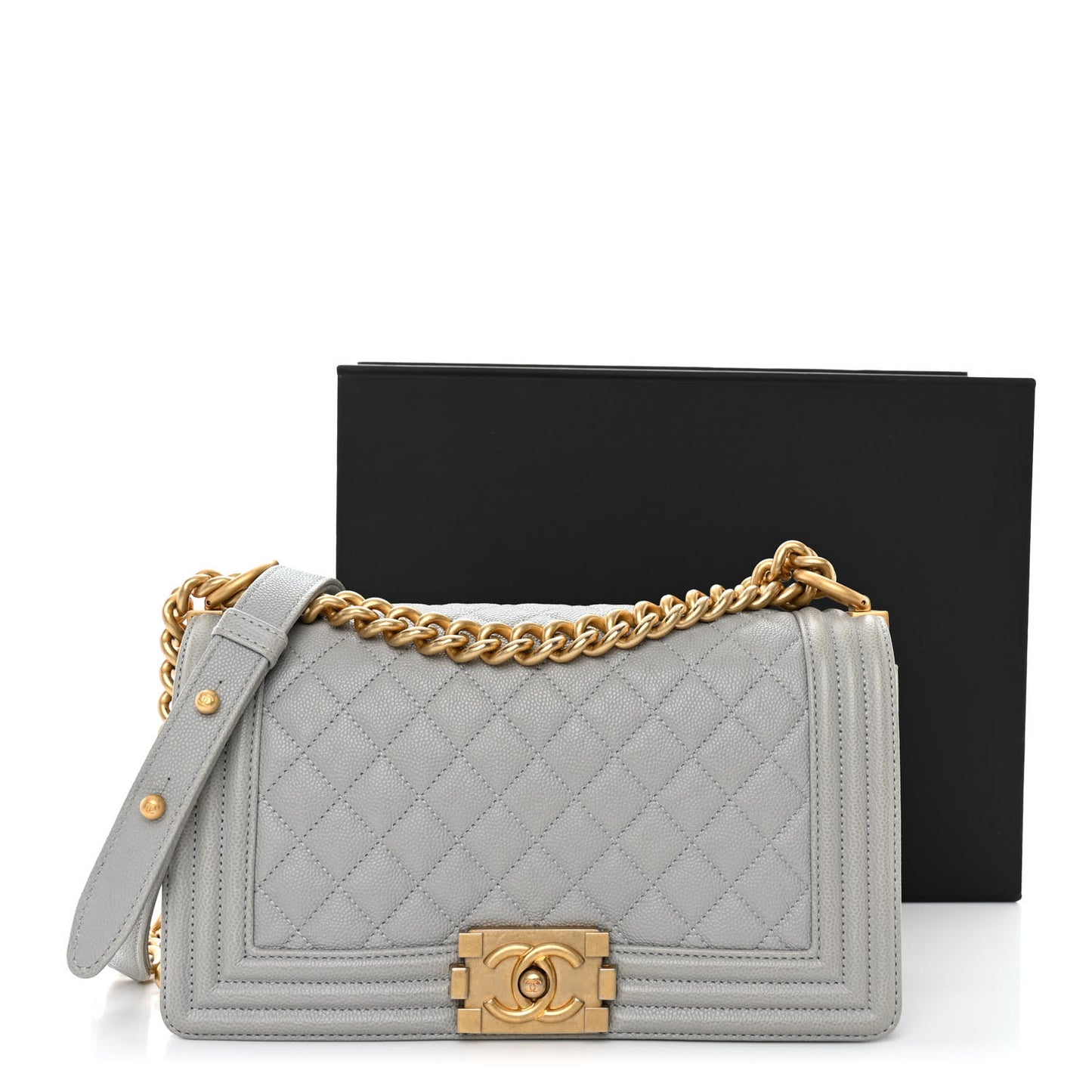 Caviar Quilted Medium Boy Flap Light Grey