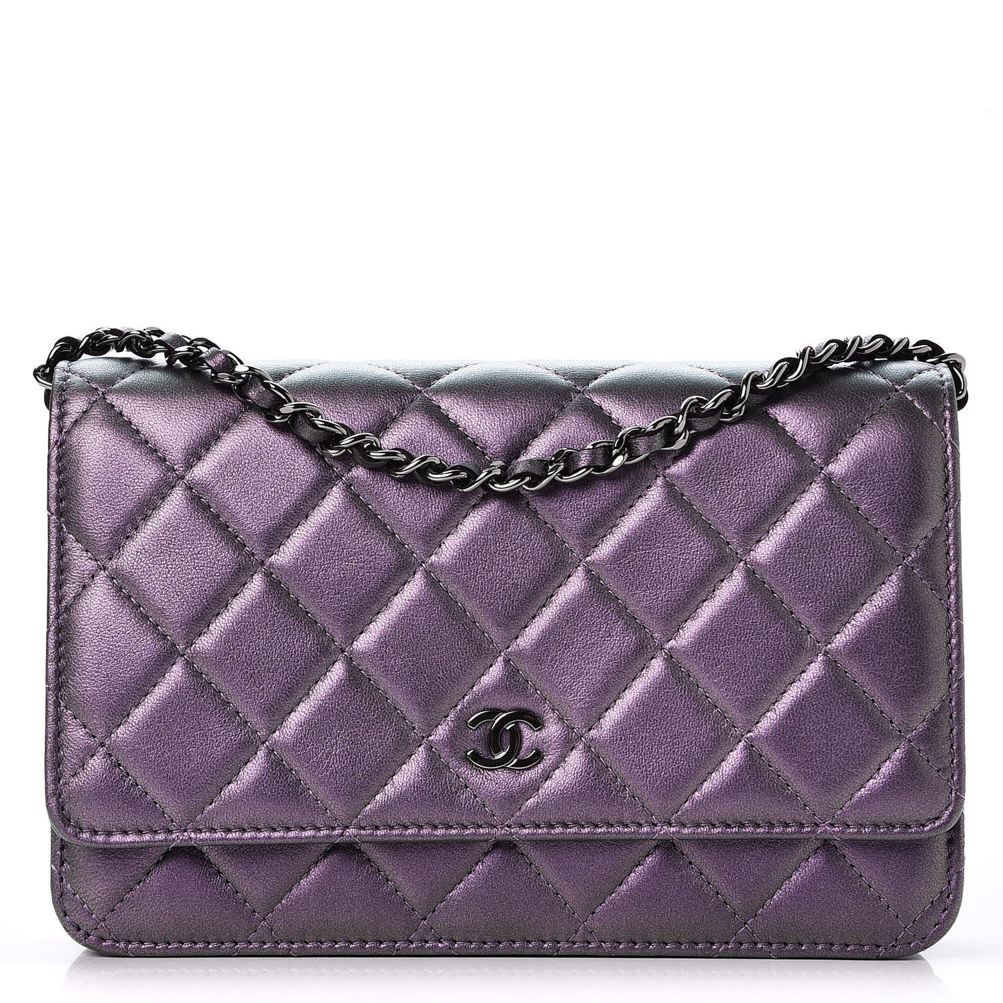 Iridescent Lambskin Quilted Wallet On Chain WOC Dark Purple