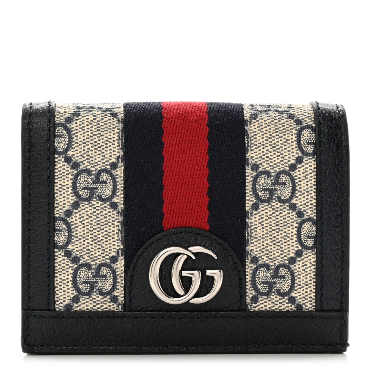 Gucci GG Supreme Monogram Textured Dollar Calfskin Web Ophidia Card Case Beige Blue 1 of 8