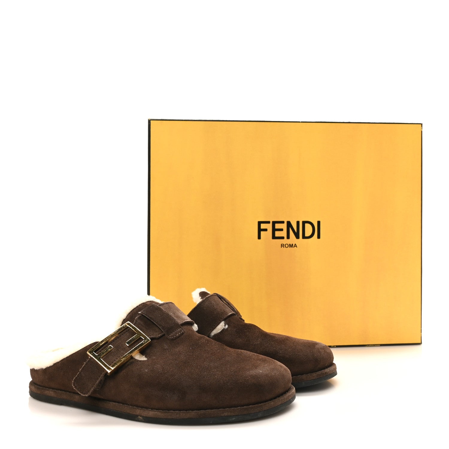 Fendi Suede Shearling Fendi Feel Buckled Clogs 36 Mogano Latte 9 of 9
