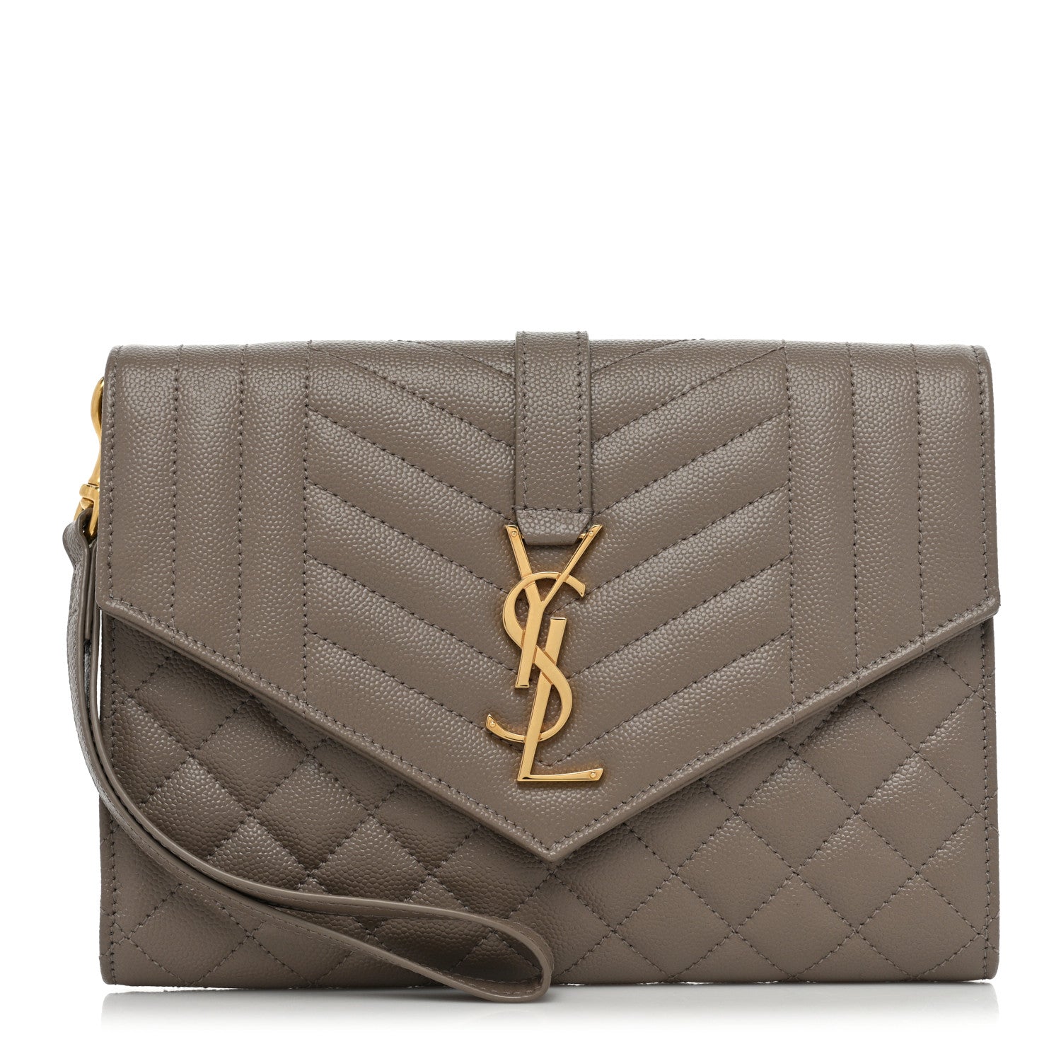 Saint Laurent Grain De Poudre Textured Mixed Matelasse Triquilt Monogram Clutch Dusty Grey 1 of 8