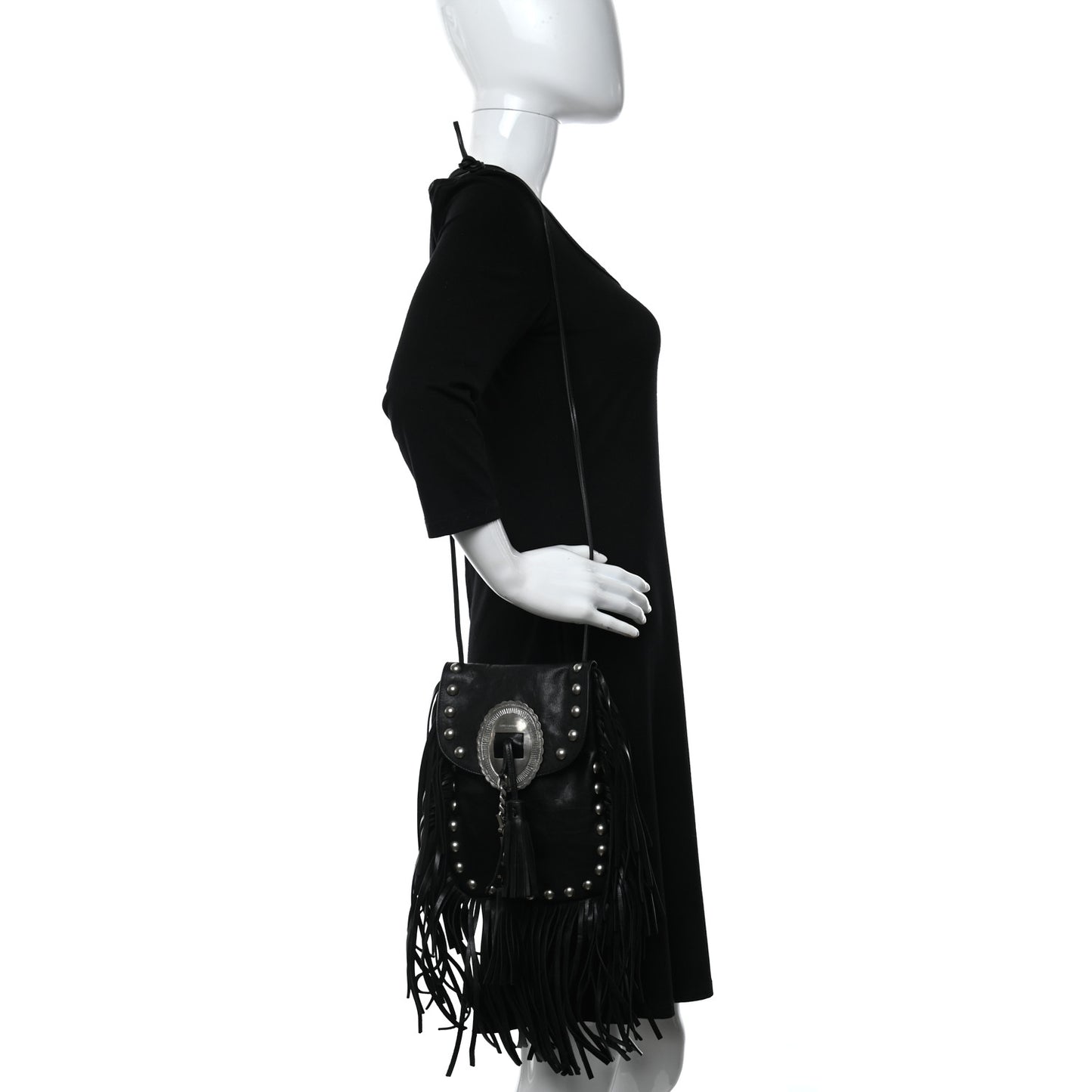 Calfskin Fringe Small Studded Anita Crossbody Bag Black