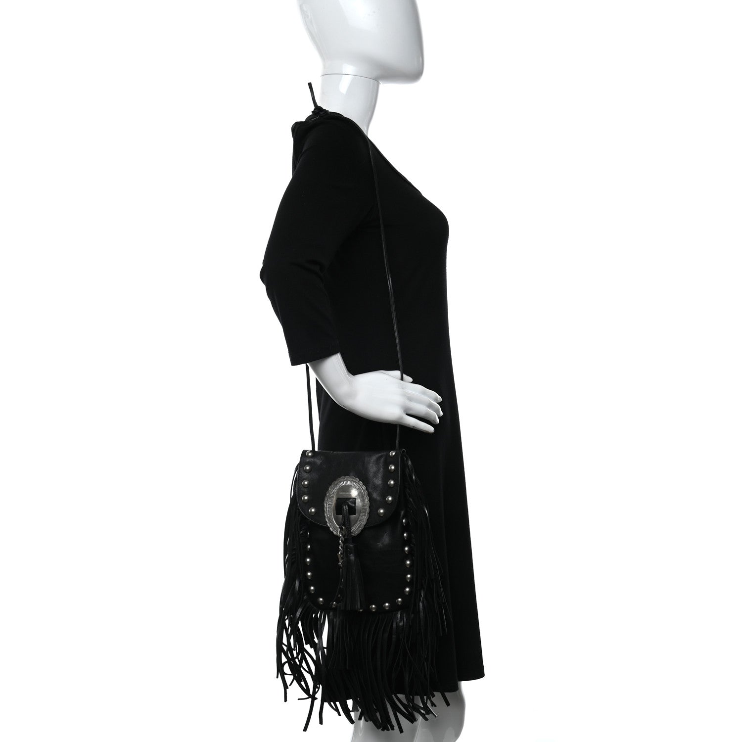 Saint Laurent Calfskin Fringe Small Studded Anita Crossbody Bag Black 2 of 9