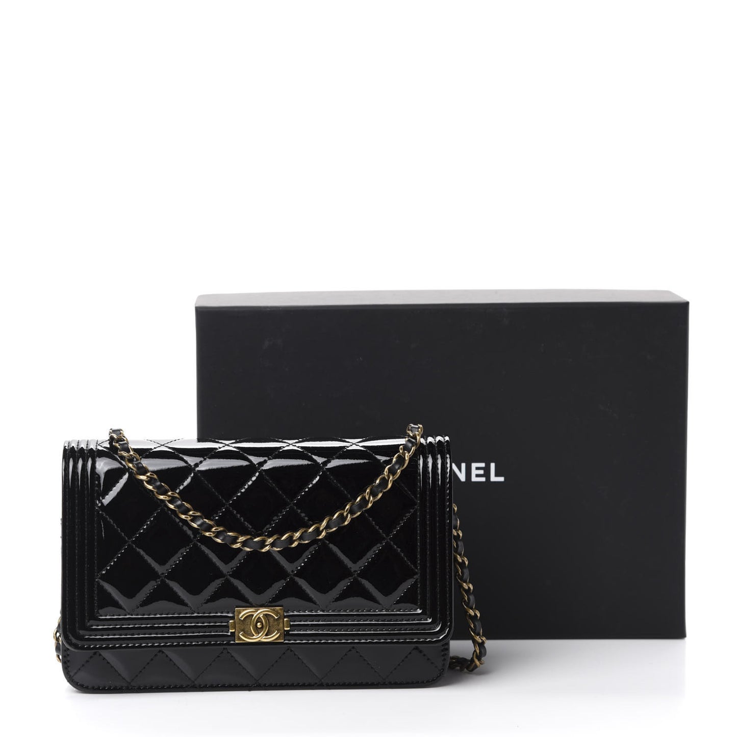 Patent Calfskin Quilted Boy Wallet On Chain WOC Black