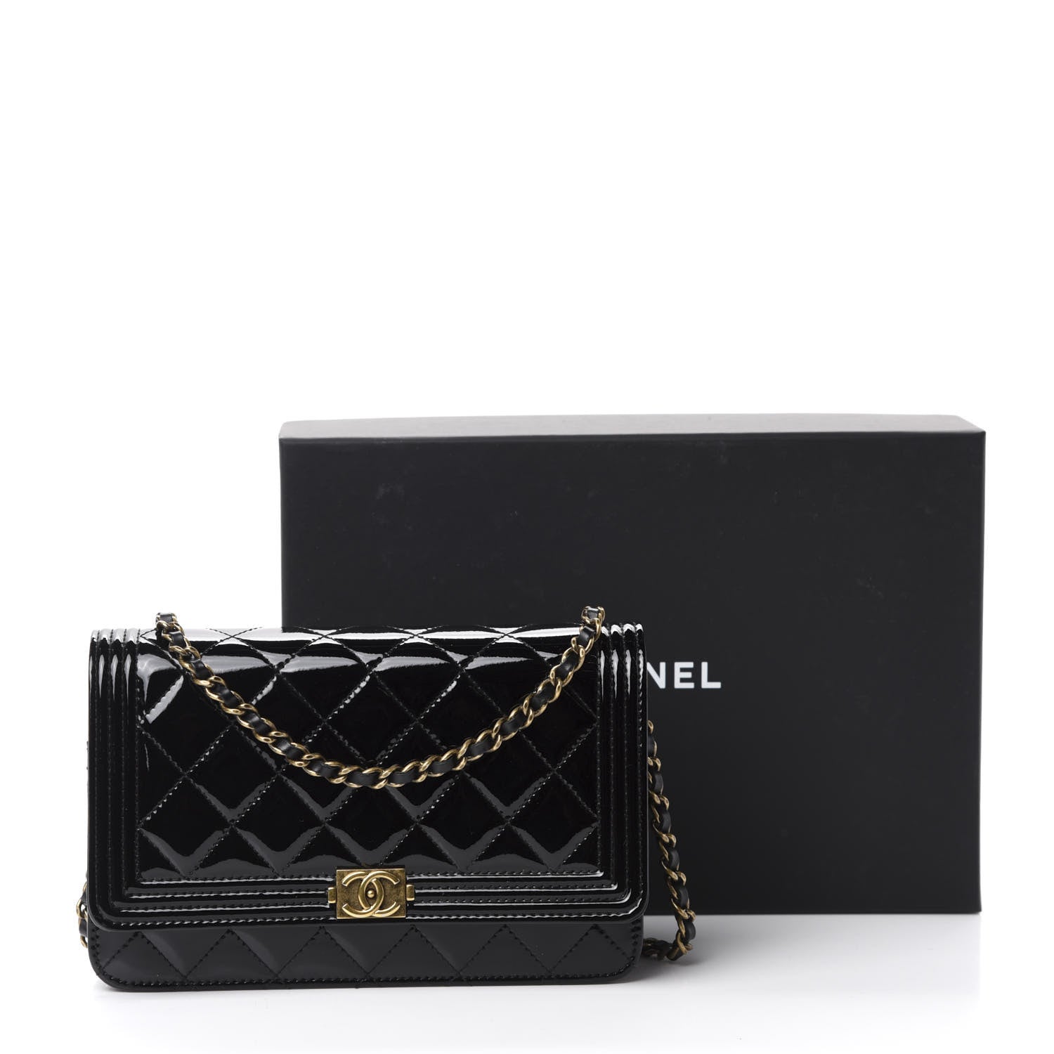 Chanel Patent Calfskin Quilted Boy Wallet On Chain WOC Black 12 of 12