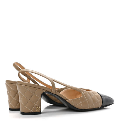 Chanel Lambskin Patent Calfskin Quilted Cap Toe CC Slingback Pumps 38 Beige Black 4 of 8