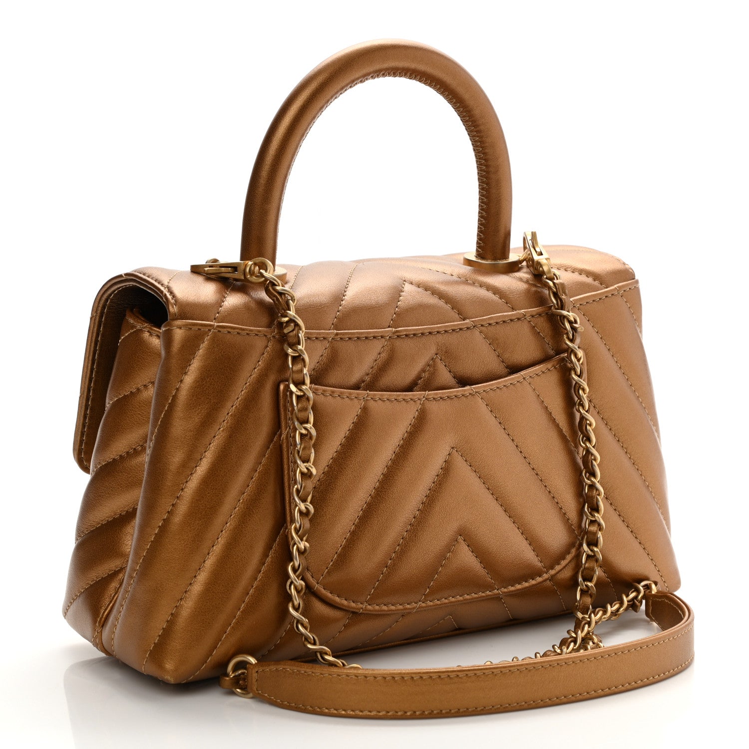 Chanel Metallic Calfskin Chevron Quilted Mini Coco Handle Flap Gold 3 of 10