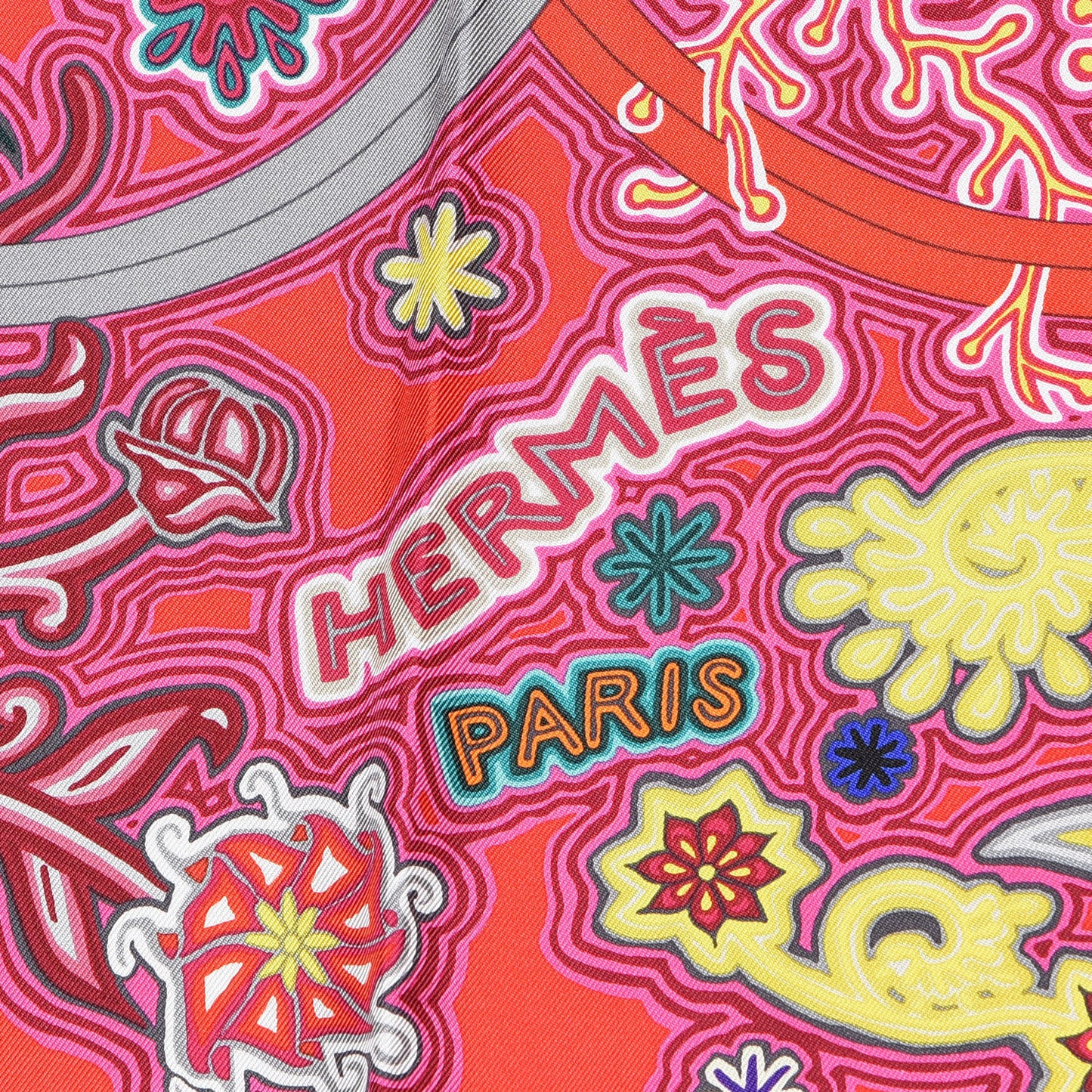 Silk Le Arbre Du Vent Scarf 90 Fuchsia Vert Jaune