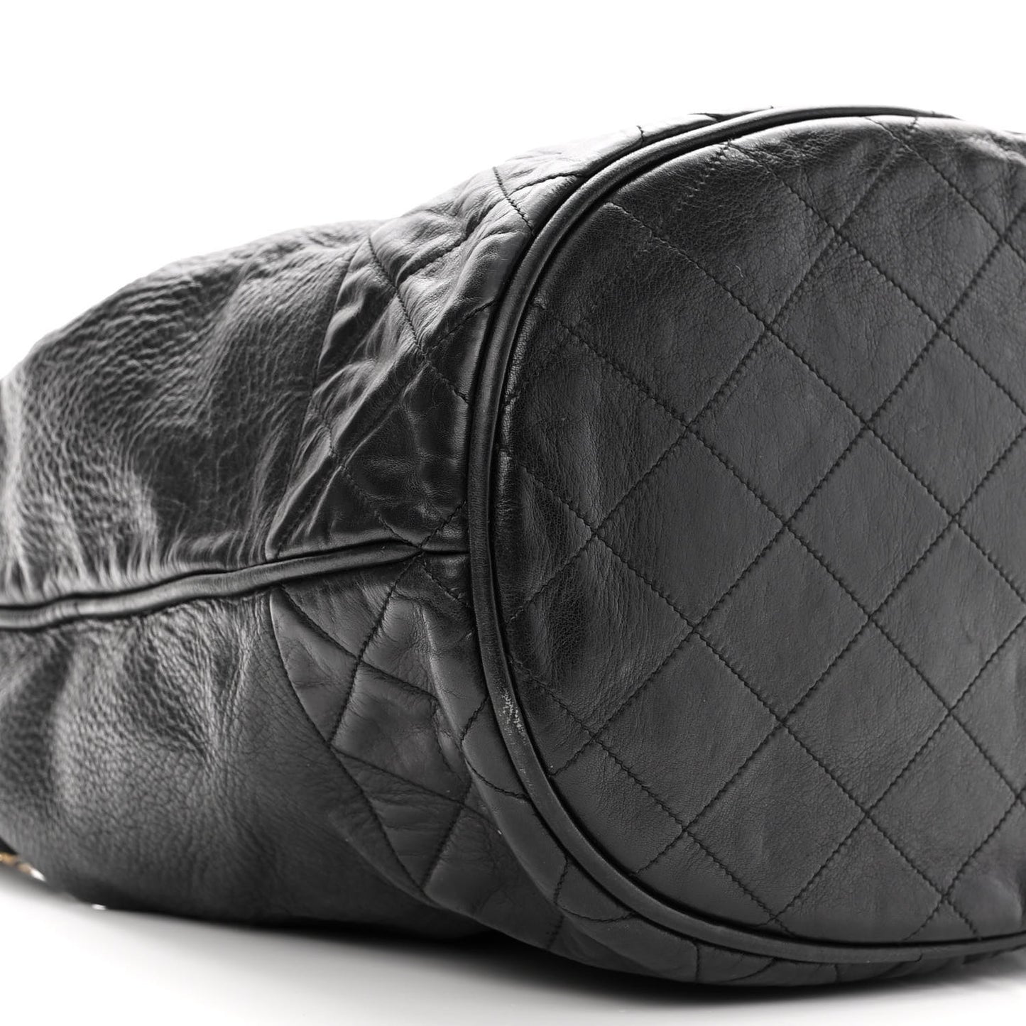 Grained Calfskin Lambskin Quilted Drawstring Bucket Bag Black