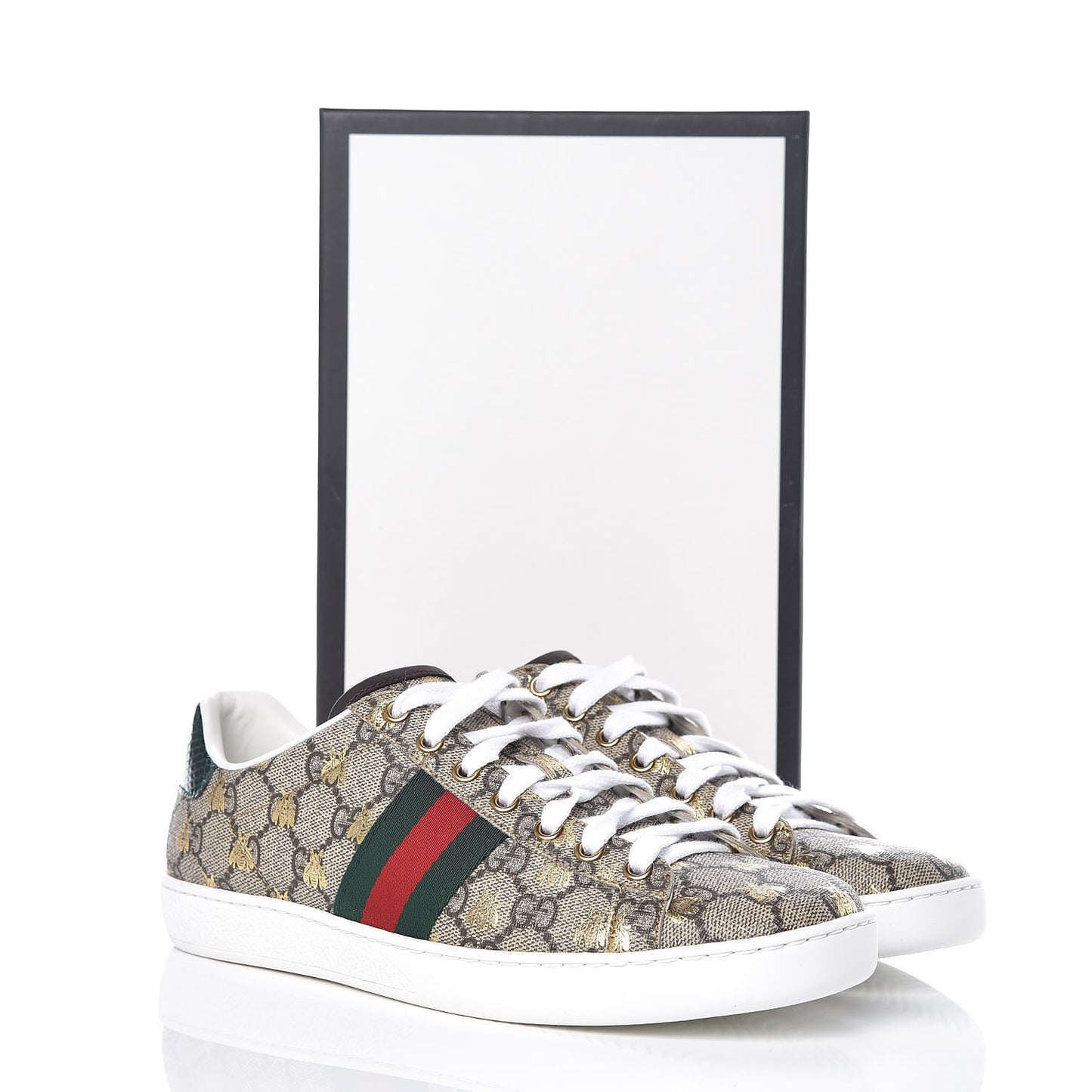 GG Supreme Monogram Bees Ayers Web Womens Ace Sneakers 39 Beige Oro Green Red