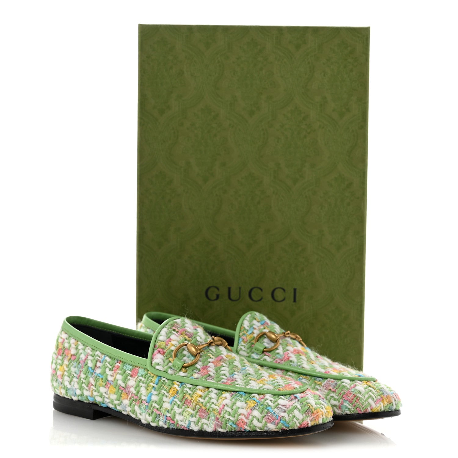 Gucci Tweed Multicolor Malaga Kid Horsebit Womens Jordaan Loafers 35.5 Green Multicolor 10 of 10