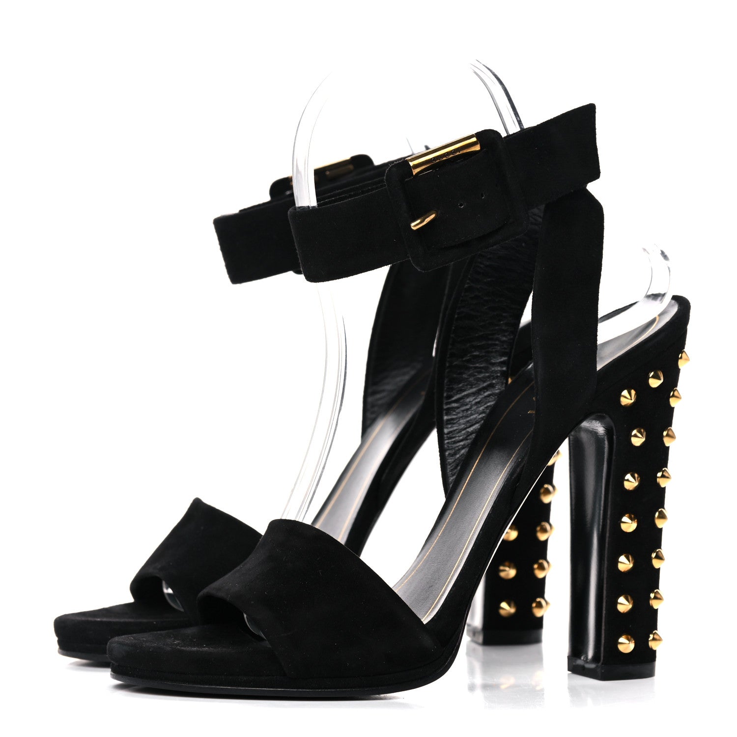 Gucci Kid Scamosciato Studded Buckle Platform Sandals 37 Black Gold 3 of 11