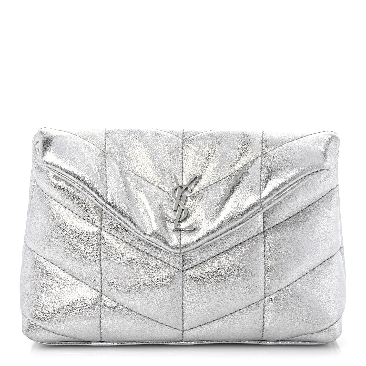 Saint Laurent Metallic Lambskin Monogram Loulou Puffer Pouch Clutch Silver 1 of 10