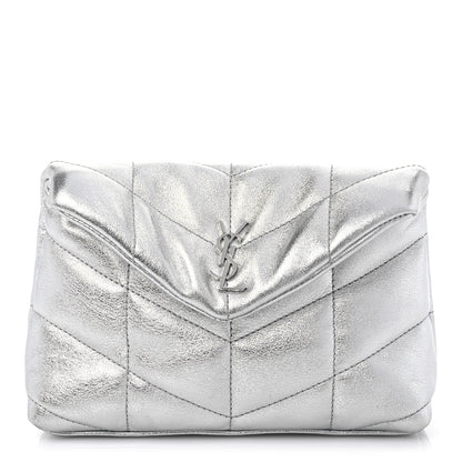 Saint Laurent Metallic Lambskin Monogram Loulou Puffer Pouch Clutch Silver 1 of 10