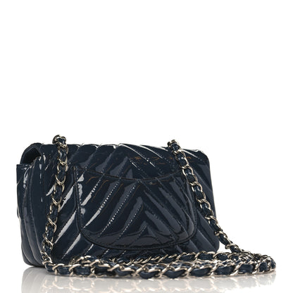 Chanel Patent Calfskin Chevron Quilted Mini Rectangular Flap Navy Blue 3 of 14