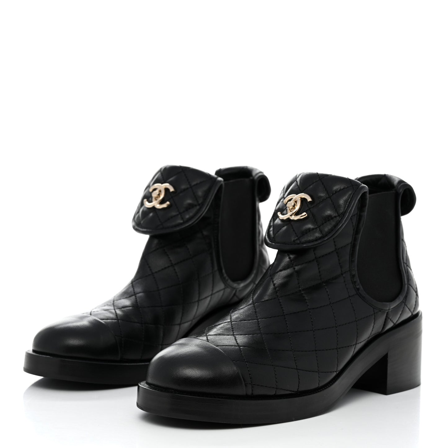 Lambskin Quilted Cap Toe CC Turnlock Booties 39.5 Black