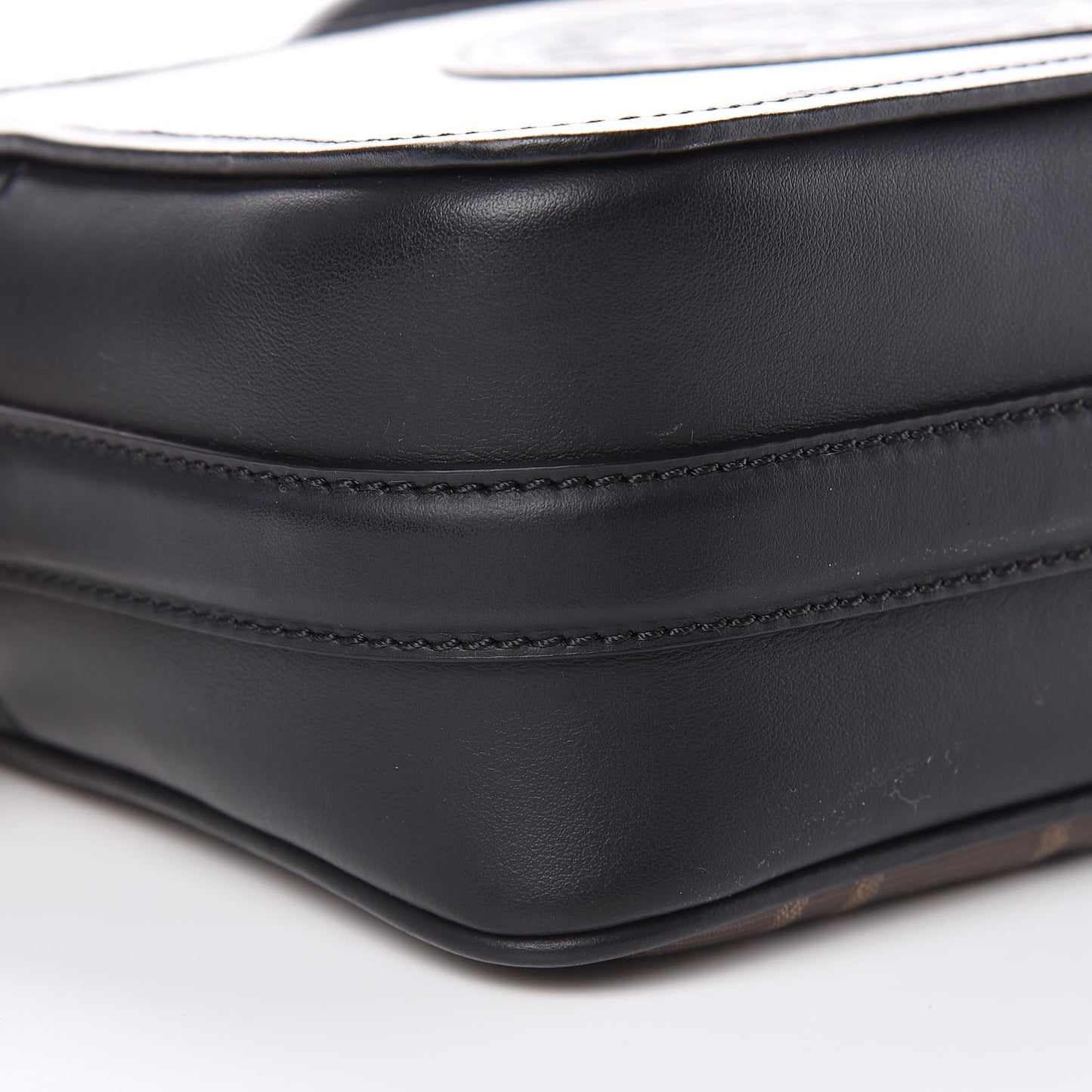 Glazed Fabric Vitello Century F is Fendi FF 1974 Stamp Patch Camera Case Mogano Panna Black