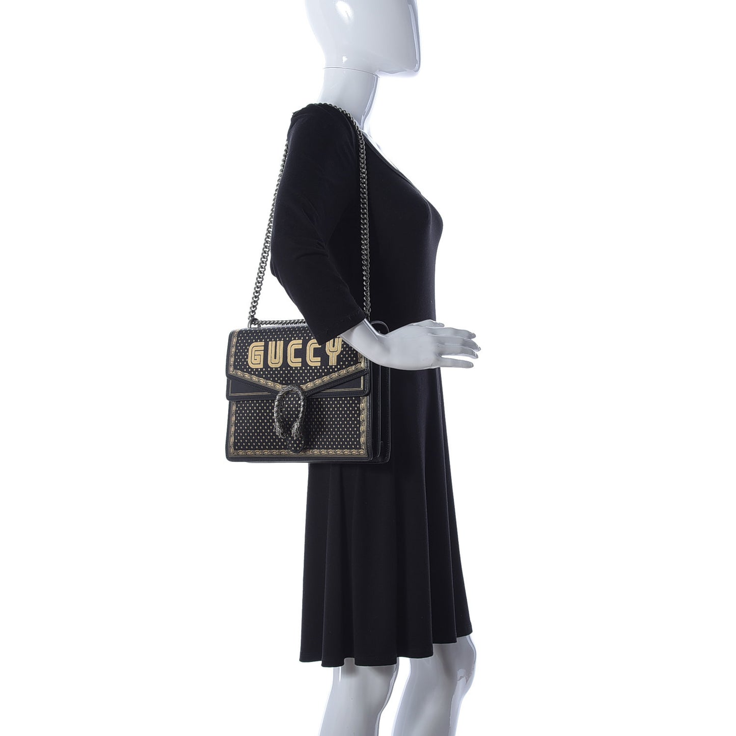 X SEGA Calfskin GUCCY Stars Medium Dionysus Shoulder Bag Black Gold