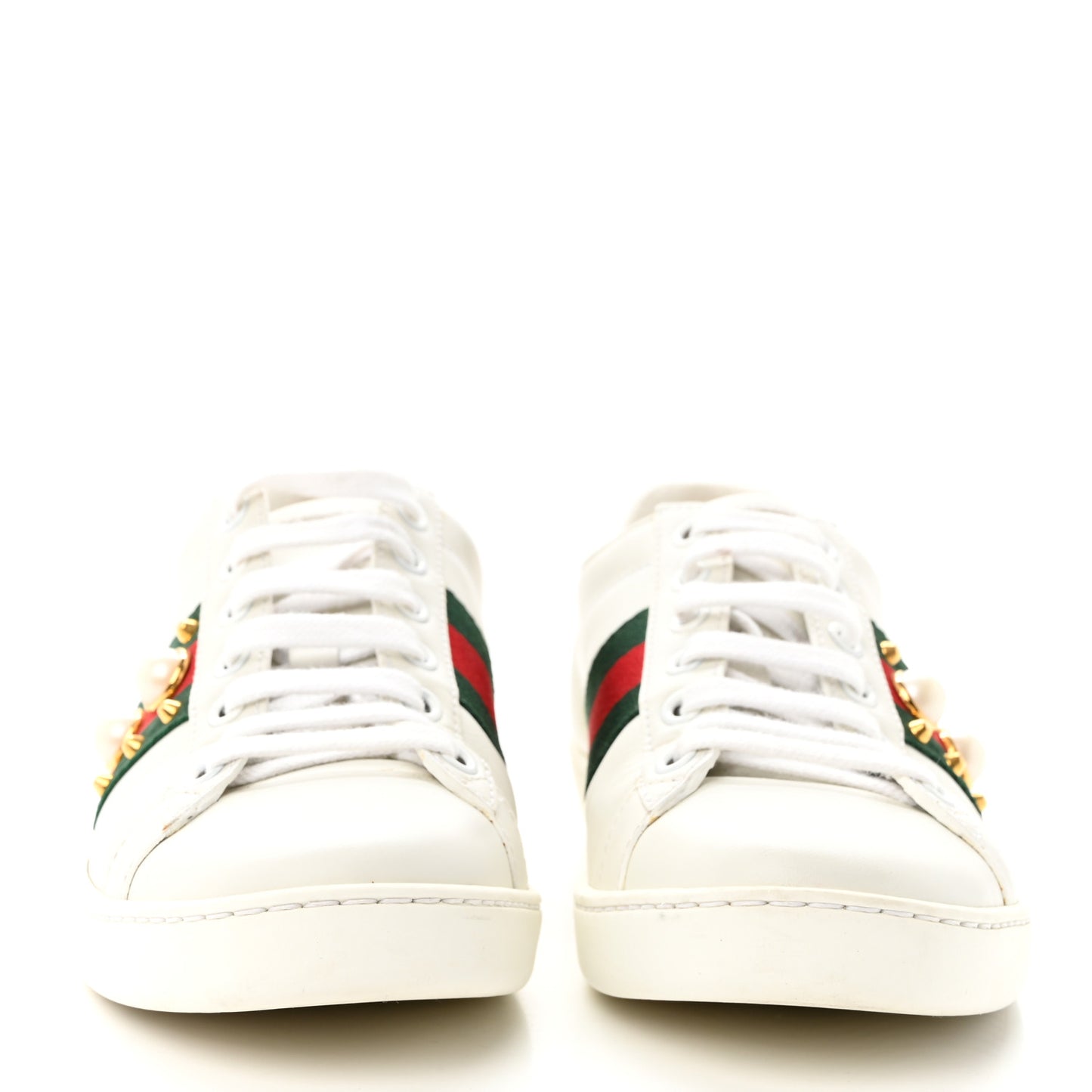 Calfskin Web Pearl Studded Womens Ace Sneakers 35 White