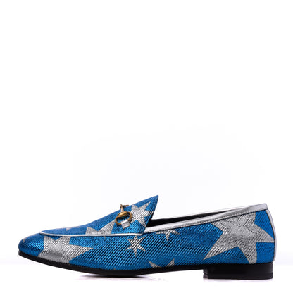 Gucci Lurex Calfskin Starry Sky Womens Jordaan Loafers 39 Bluette Silver 1 of 16