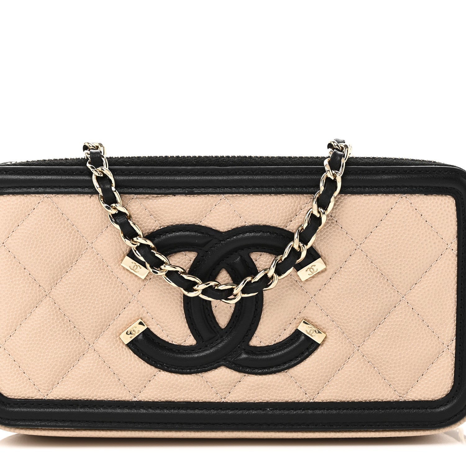 Chanel Caviar Quilted CC Filigree Clutch With Chain Beige Black 11 of 13