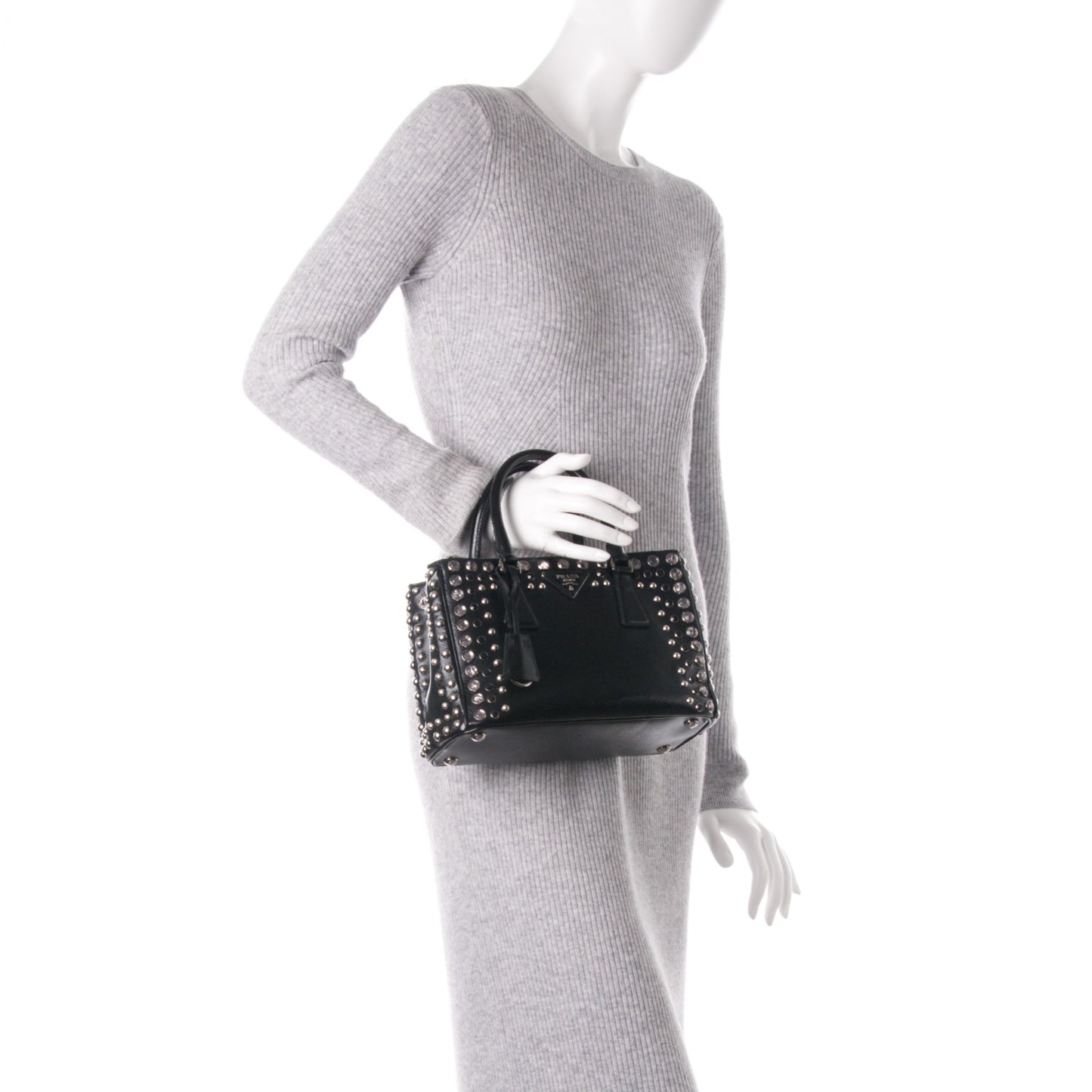 Saffiano Vernice Crystal Small Galleria Double Zip Tote Black