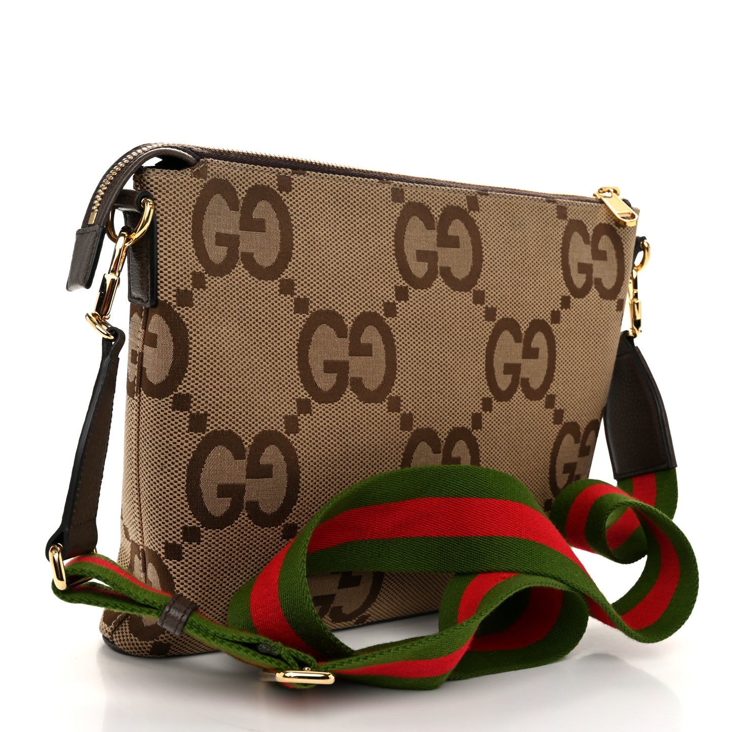 Monogram Jumbo GG Textured Dollar Calfskin Web Wristlet Messenger Bag Camel Ebony New Acero