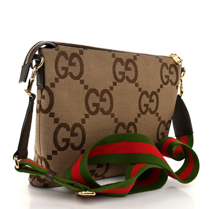 Gucci Monogram Jumbo GG Textured Dollar Calfskin Web Wristlet Messenger Bag Camel Ebony New Acero 3 of 11