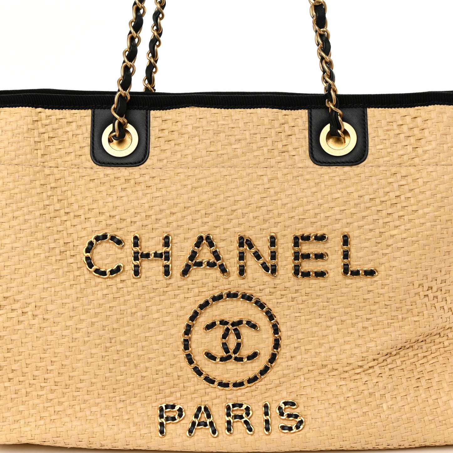 Straw Raffia Calfskin Chain Small Deauville Tote Beige Black