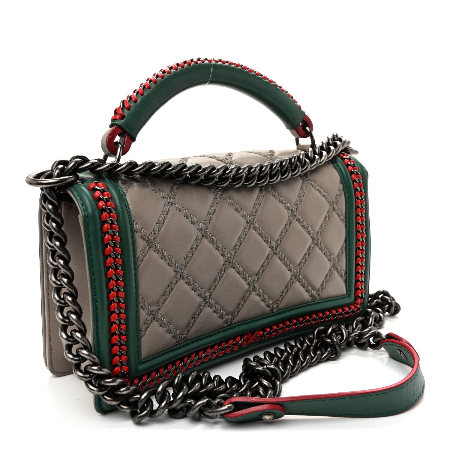 Chanel Lambskin Quilted Medium Top Handle Boy Flap Grey Green Red 3 of 11