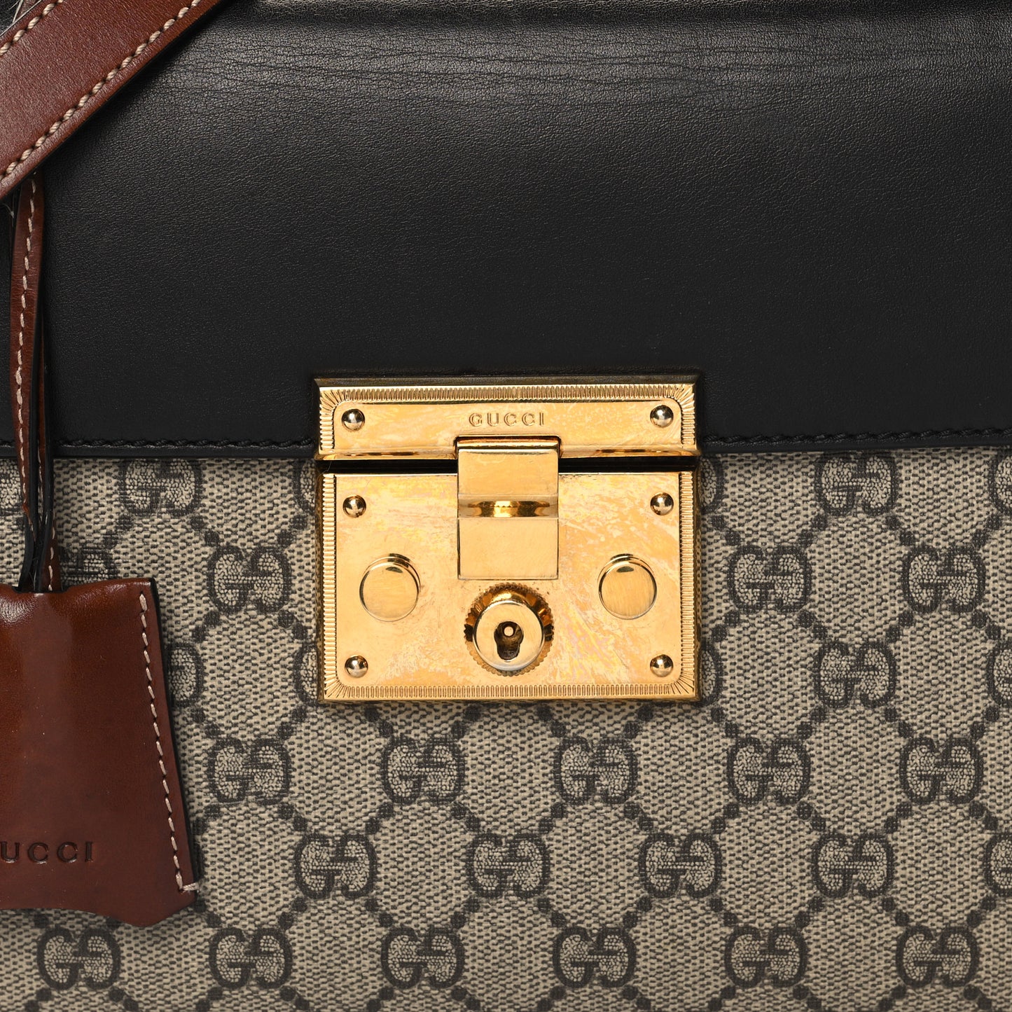 GG Supreme Monogram Calfskin Small Padlock Top Handle Bag Beige Black Cuir