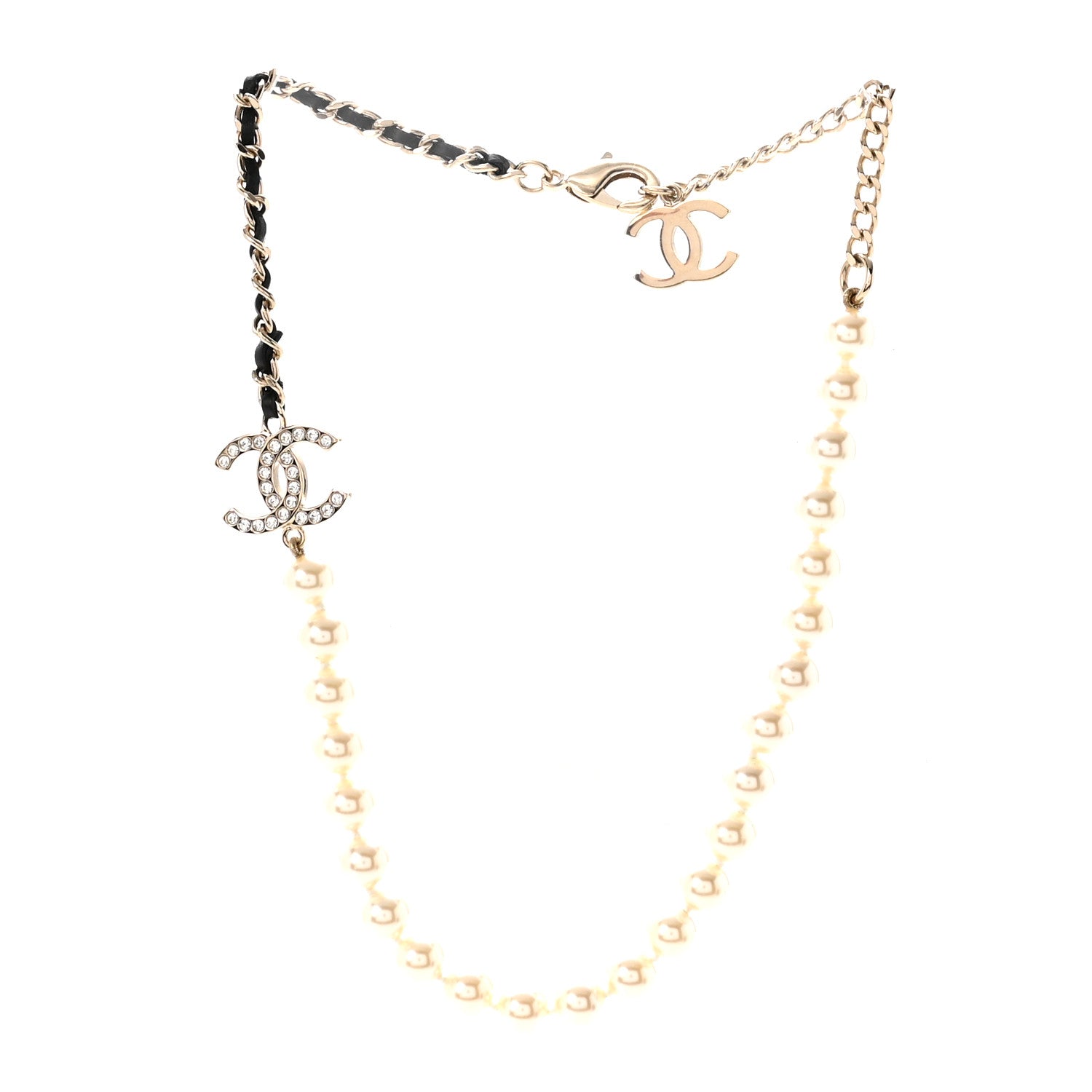 Chanel Lambskin Pearl Crystal CC Short Necklace Gold White Black 3 of 7