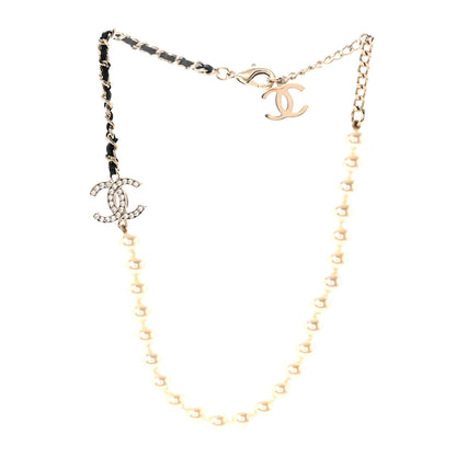 Chanel Lambskin Pearl Crystal CC Short Necklace Gold White Black 3 of 7