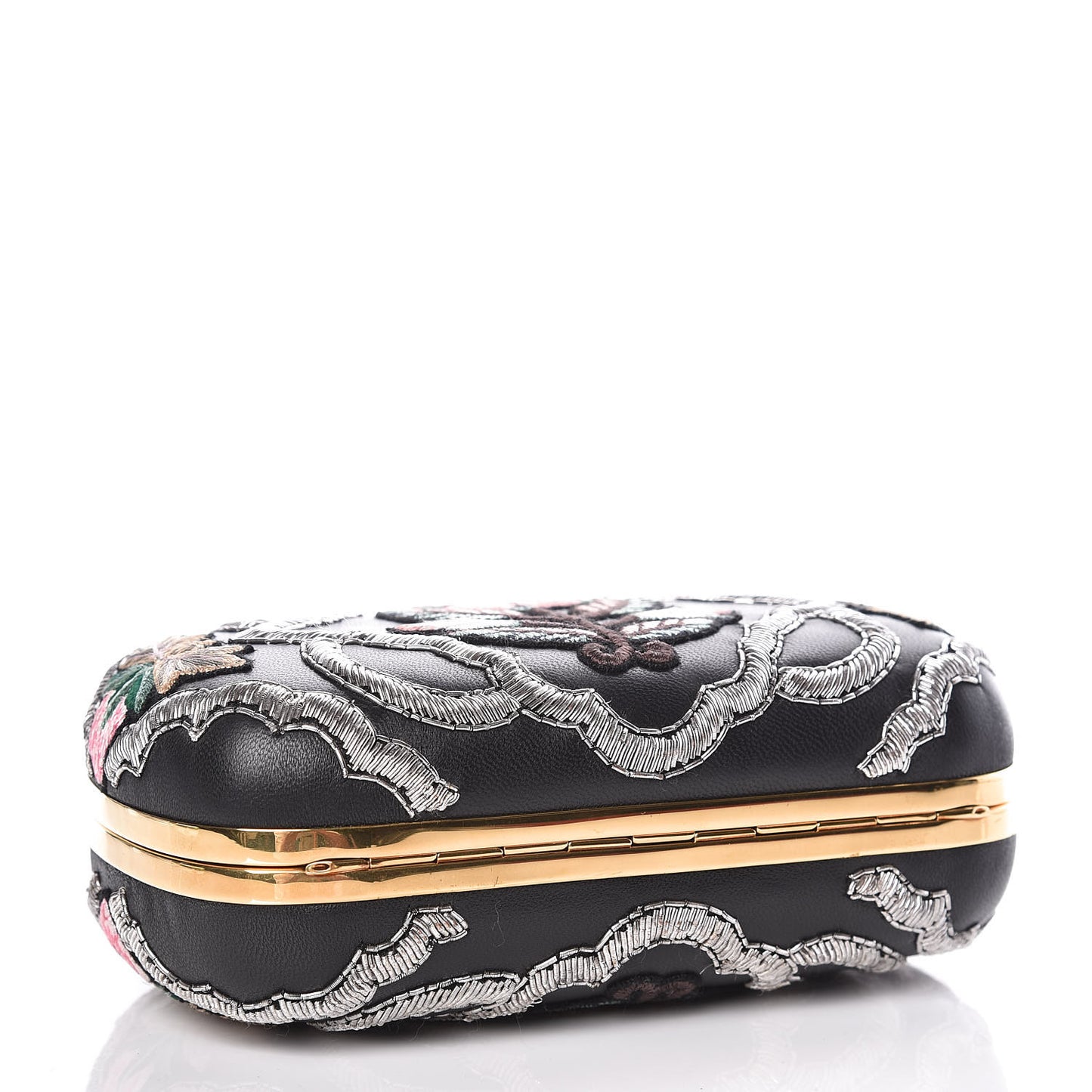 Nappa Embroidered Flower Queen and King Skull Box Chain Clutch Black Multicolor