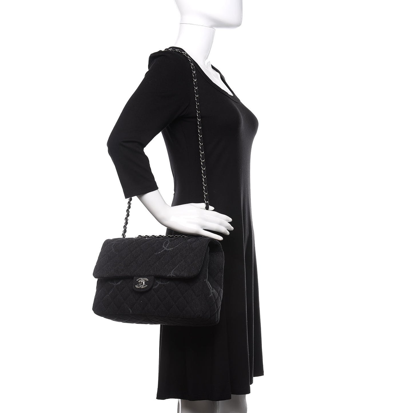 Denim Quilted CC Print Jumbo Single Flap Black