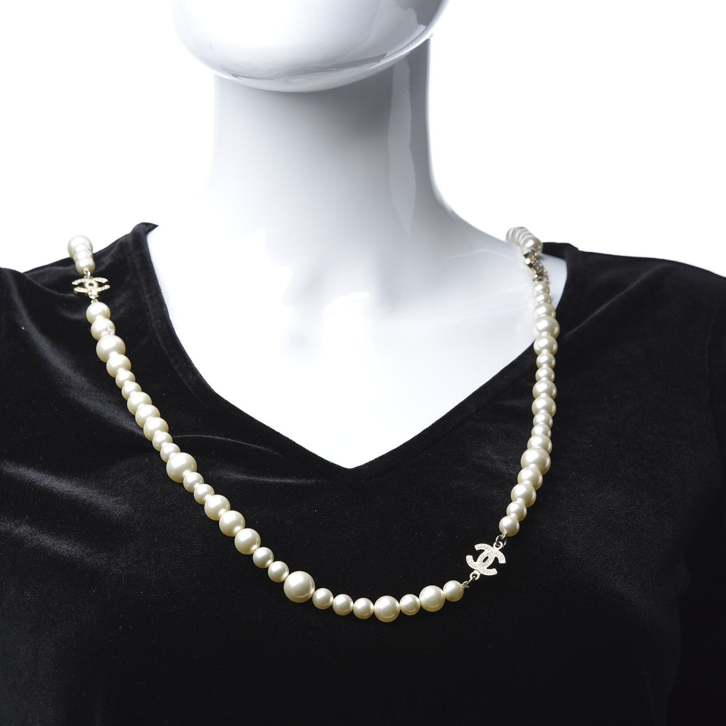 Pearl Crystal Long CC Necklace Gold